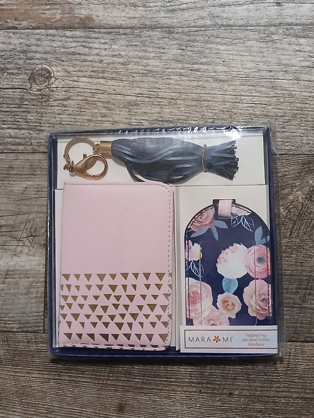 Passport Holder with Navy Floral Luggage Tag and Blue Tassel Keychain